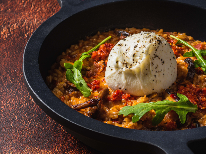 Risotto de nduja y burrata de Puglia