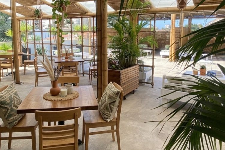 Sala acristalada con plantas, mesas de madera y salida a la terraza