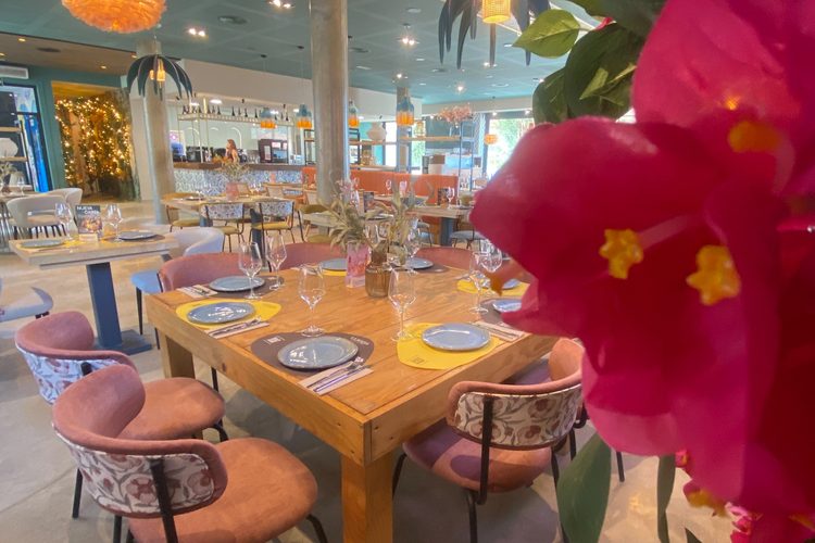 Comedor con sillas rosas y una buganvilla en flor en primer plano