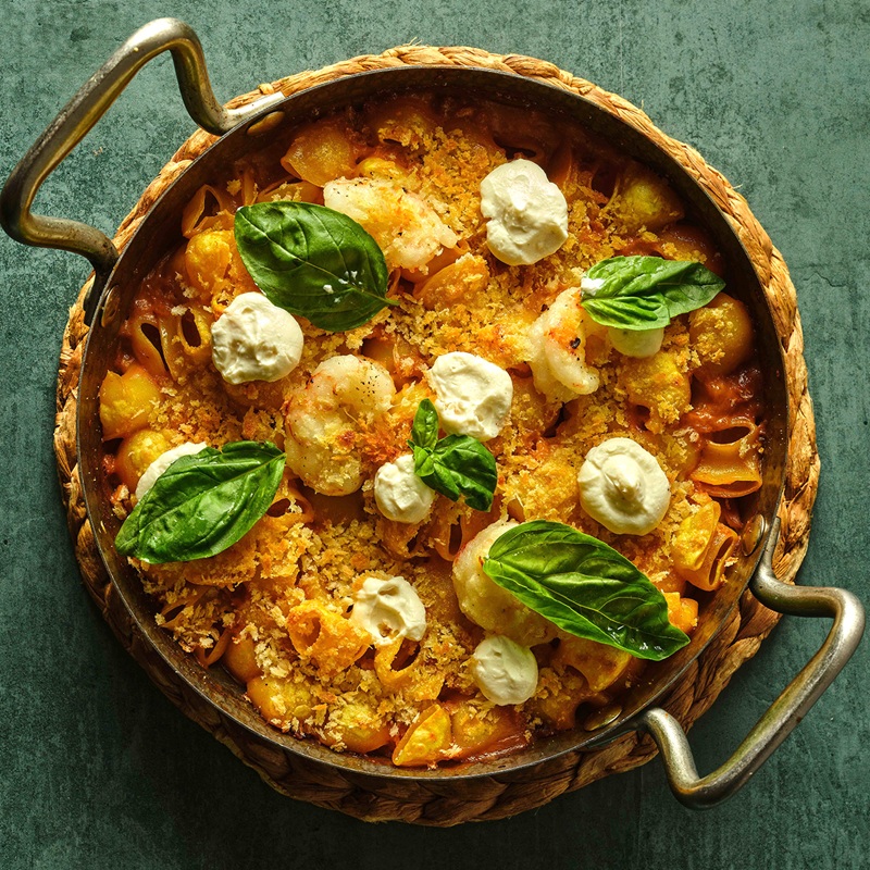 Gratinato di lumaconi con crema de marisco